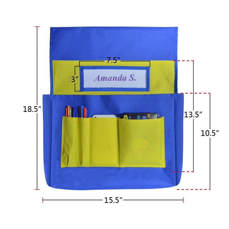 EAMAY Seat Storage Pocket, Chairback Buddy Pocket Chart Organizer with Name tag and 6 Storage Pockets, Blue and Yellow - Image 3